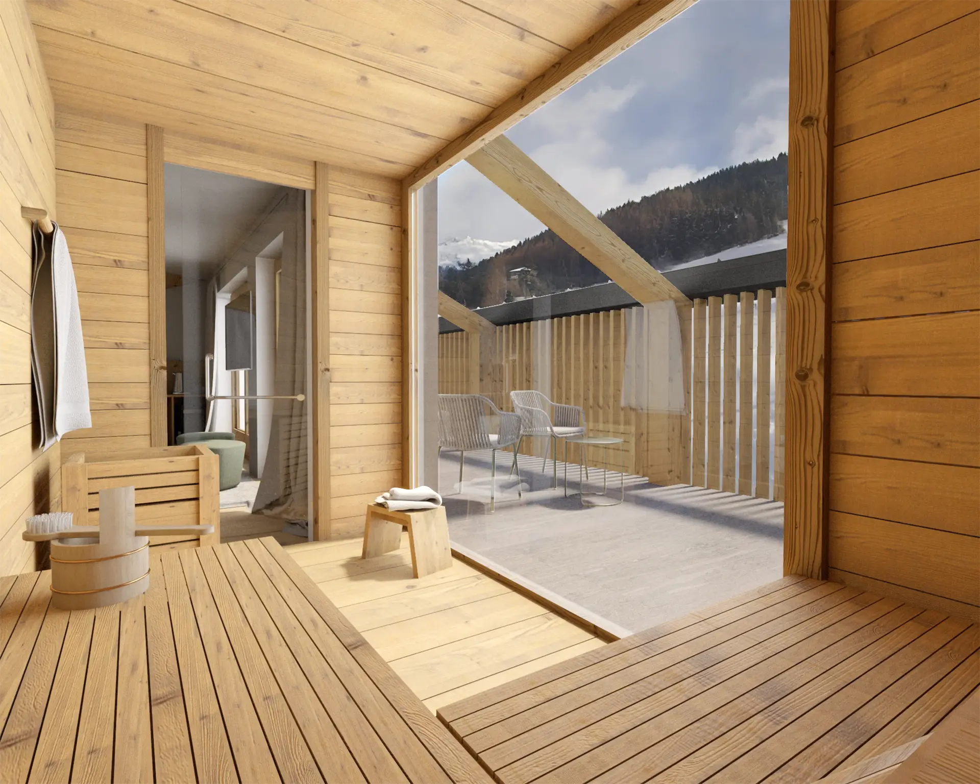 Interno di una sauna in legno con vista su un terrazzo e montagne innevate.
