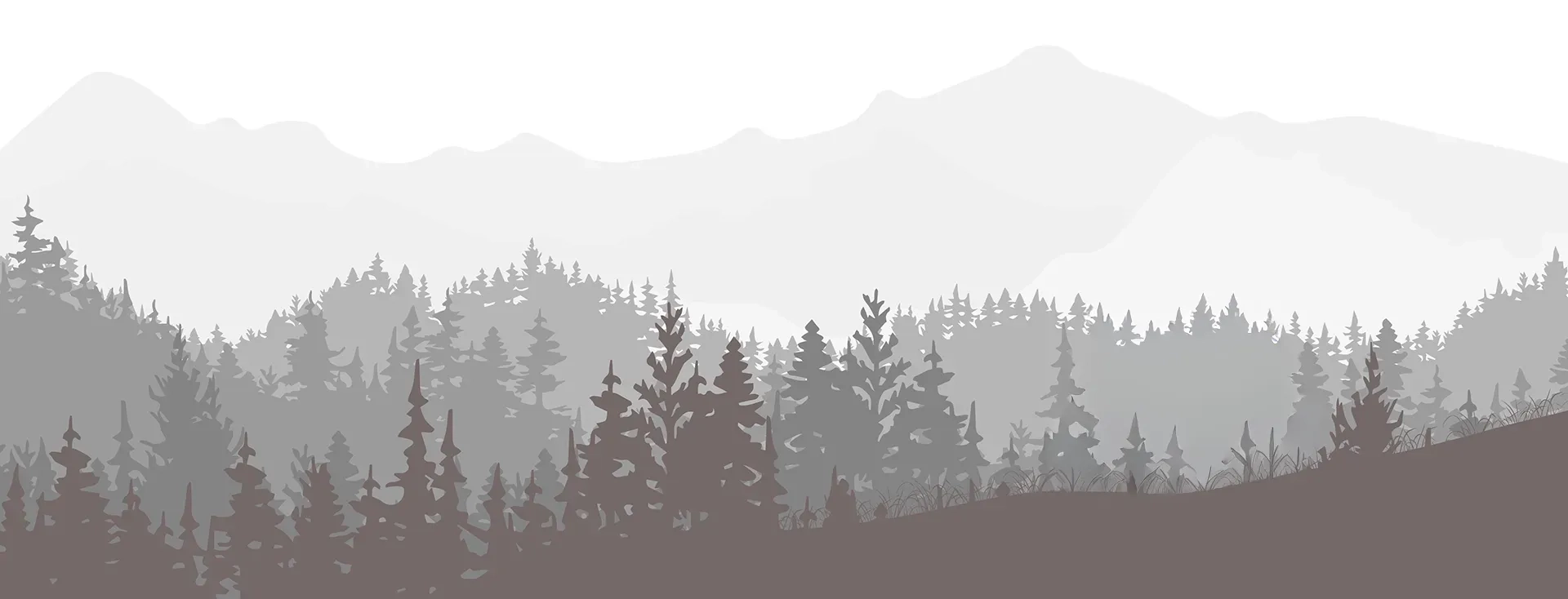 Illustrazione di una foresta con montagne sullo sfondo.