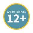 "Etichetta azzurra con il testo 'Adults Friendly 12+' circondata da un bordo giallo."