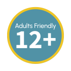 "Etichetta azzurra con il testo 'Adults Friendly 12+' circondata da un bordo giallo."